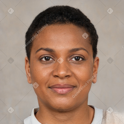 Joyful black young-adult female with short  brown hair and brown eyes