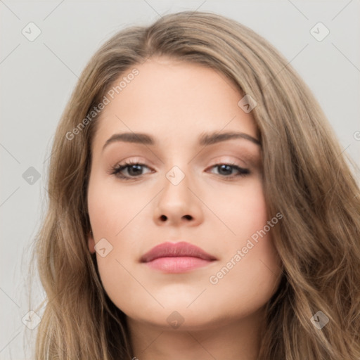 Neutral white young-adult female with long  brown hair and brown eyes