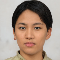 Neutral asian young-adult female with short  brown hair and brown eyes