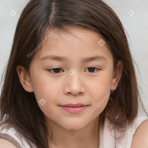 Joyful white child female with medium  brown hair and brown eyes