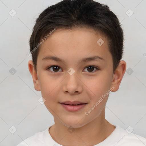 Joyful white child female with short  brown hair and brown eyes