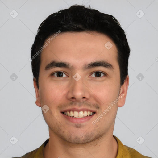 Joyful white young-adult male with short  black hair and brown eyes