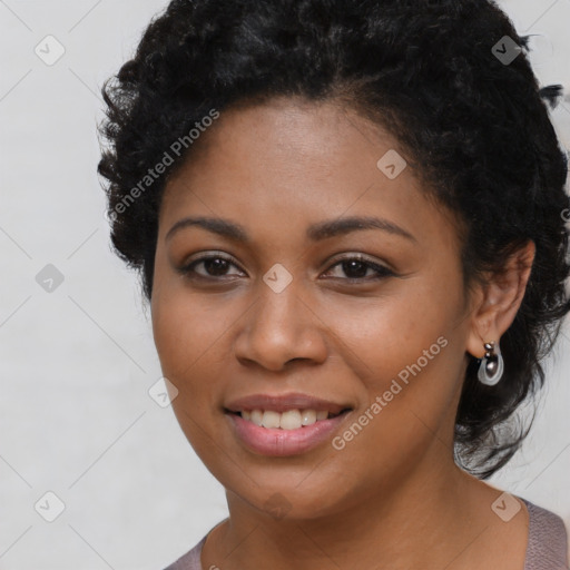 Joyful latino young-adult female with medium  black hair and brown eyes