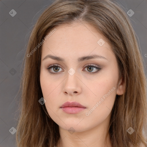 Neutral white young-adult female with long  brown hair and brown eyes