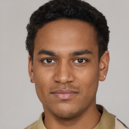 Neutral black young-adult male with short  black hair and brown eyes