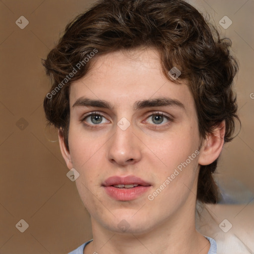 Joyful white young-adult male with medium  brown hair and brown eyes