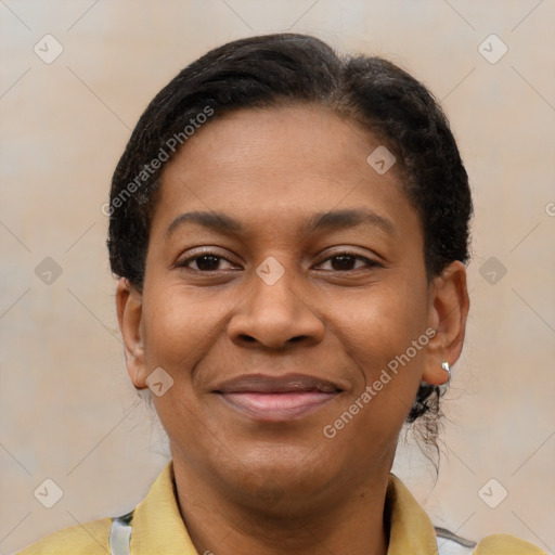 Joyful latino young-adult female with short  brown hair and brown eyes