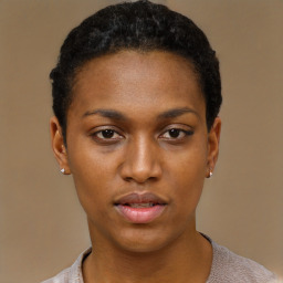 Neutral black young-adult female with short  black hair and brown eyes