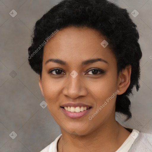 Joyful latino young-adult female with short  black hair and brown eyes