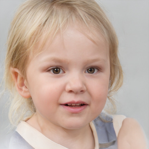 Joyful white child female with medium  blond hair and blue eyes