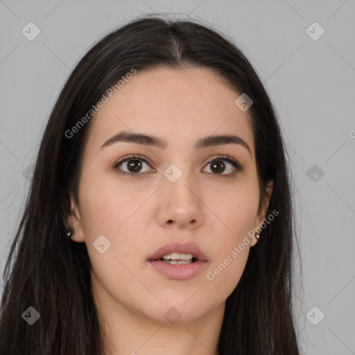 Neutral white young-adult female with long  brown hair and brown eyes