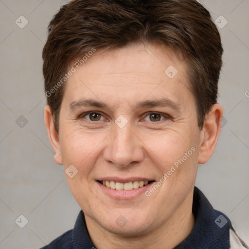 Joyful white adult male with short  brown hair and brown eyes