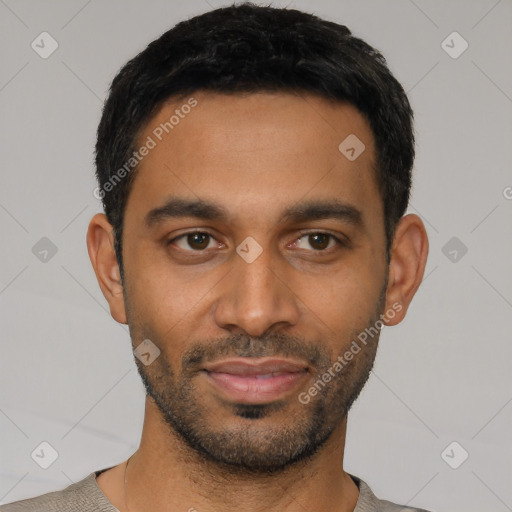 Joyful latino young-adult male with short  black hair and brown eyes