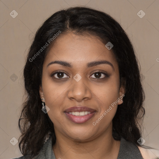 Joyful black young-adult female with medium  brown hair and brown eyes