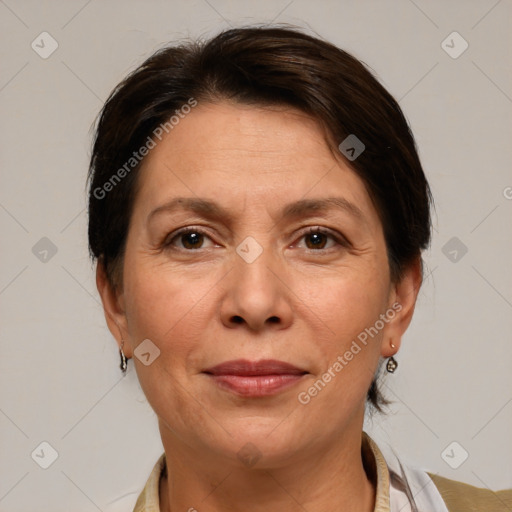 Joyful white adult female with medium  brown hair and brown eyes