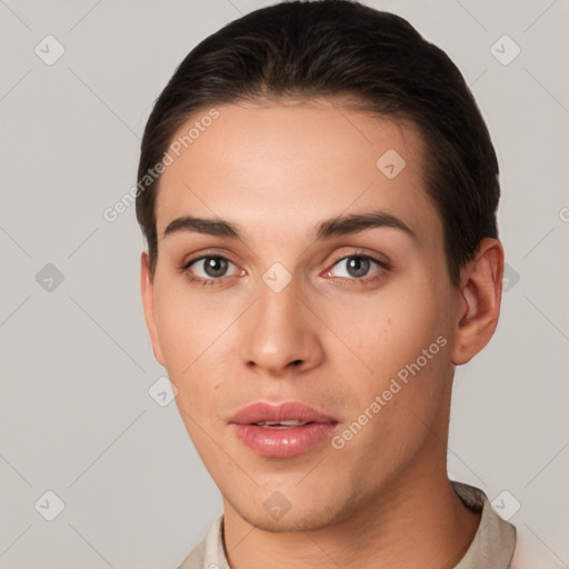 Neutral white young-adult male with short  brown hair and brown eyes