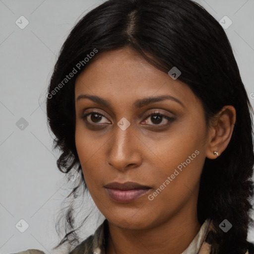 Neutral latino young-adult female with medium  brown hair and brown eyes