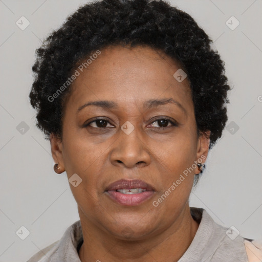 Joyful latino adult female with short  brown hair and brown eyes