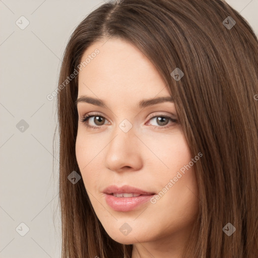 Neutral white young-adult female with long  brown hair and brown eyes