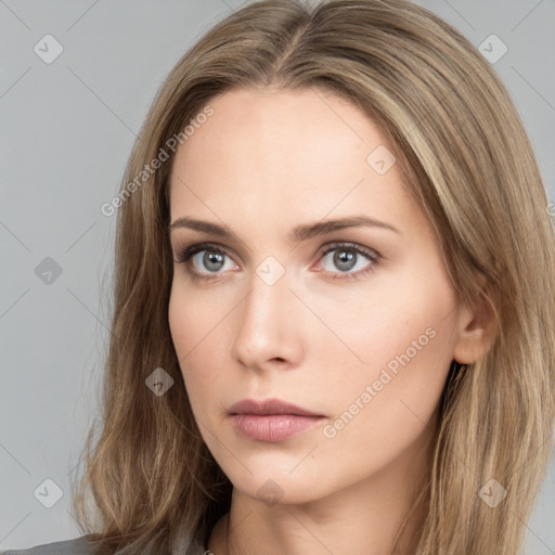 Neutral white young-adult female with long  brown hair and brown eyes