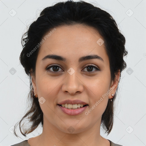 Joyful latino young-adult female with medium  brown hair and brown eyes