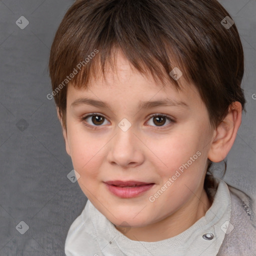 Joyful white child female with short  brown hair and brown eyes