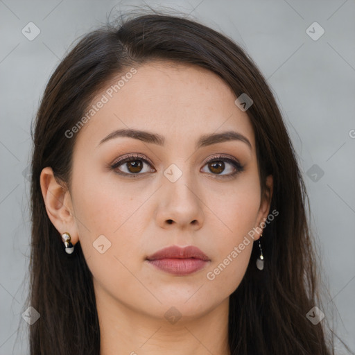 Neutral white young-adult female with long  brown hair and brown eyes