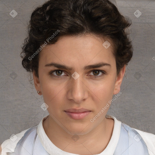 Neutral white young-adult female with short  brown hair and brown eyes