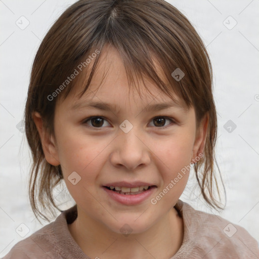 Joyful white child female with medium  brown hair and brown eyes