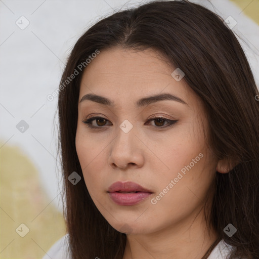 Neutral white young-adult female with long  brown hair and brown eyes