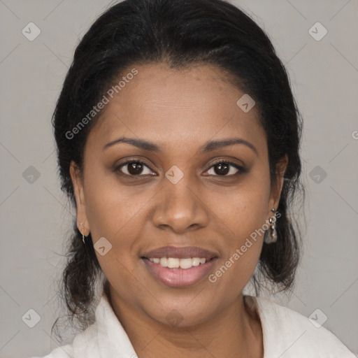 Joyful latino young-adult female with medium  brown hair and brown eyes
