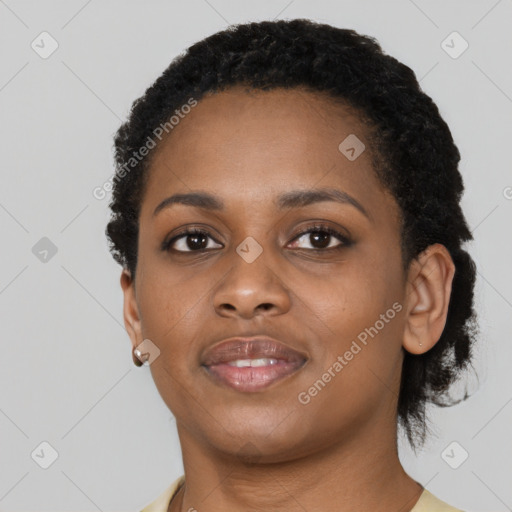 Neutral black young-adult female with short  black hair and brown eyes