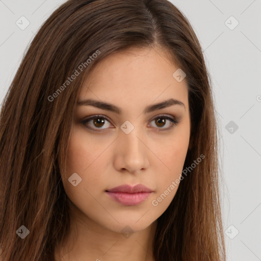 Neutral white young-adult female with long  brown hair and brown eyes