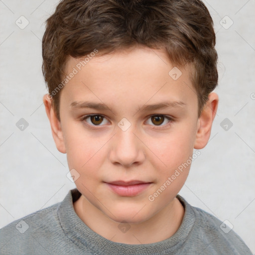 Joyful white child male with short  brown hair and brown eyes