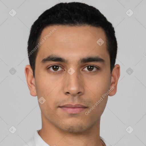 Neutral latino young-adult male with short  black hair and brown eyes