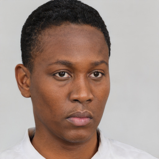 Neutral black young-adult female with short  black hair and brown eyes