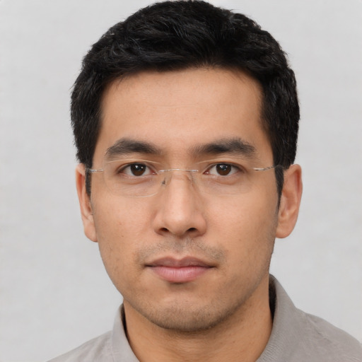 Neutral asian young-adult male with short  black hair and brown eyes