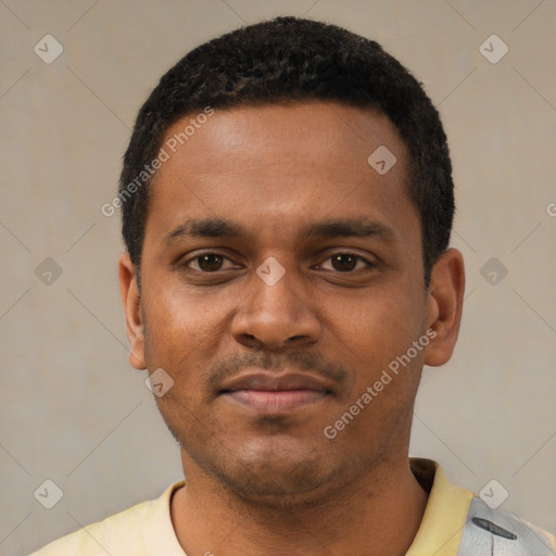 Neutral latino young-adult male with short  black hair and brown eyes
