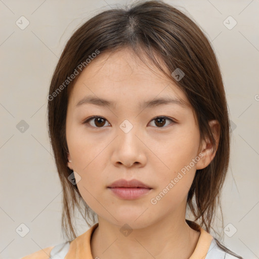 Neutral white young-adult female with medium  brown hair and brown eyes