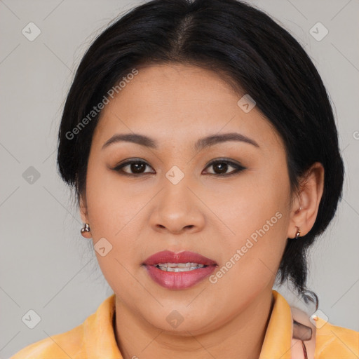 Joyful asian young-adult female with medium  brown hair and brown eyes