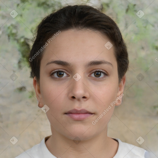 Neutral white young-adult female with short  brown hair and brown eyes