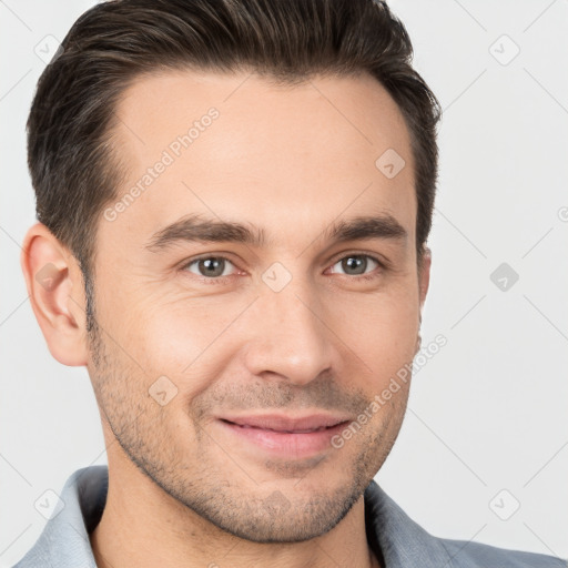 Joyful white young-adult male with short  brown hair and brown eyes