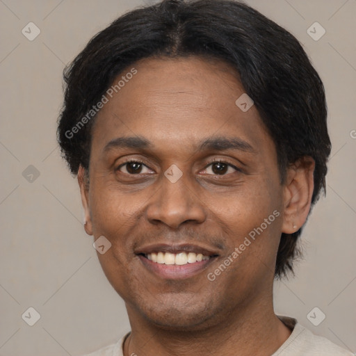 Joyful black adult male with short  black hair and brown eyes