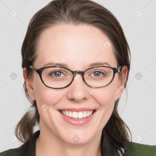 Joyful white young-adult female with medium  brown hair and blue eyes