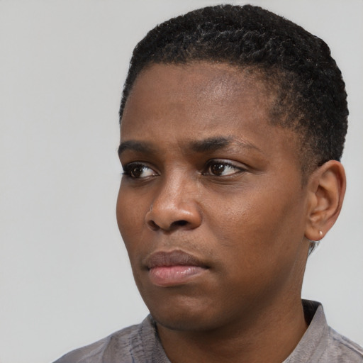 Neutral latino young-adult female with short  black hair and brown eyes