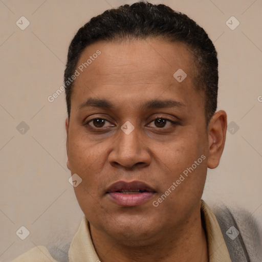 Joyful latino adult male with short  black hair and brown eyes
