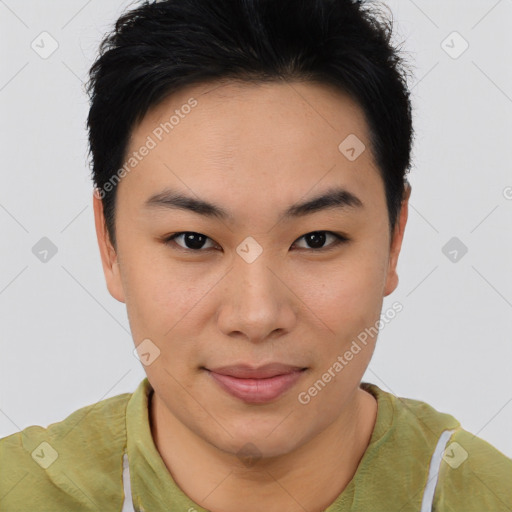 Joyful asian young-adult female with short  brown hair and brown eyes