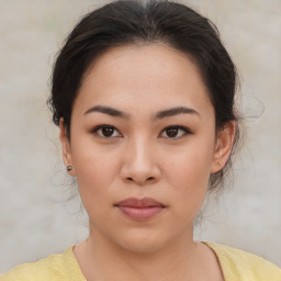 Neutral asian young-adult female with medium  brown hair and brown eyes