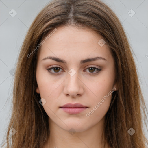 Neutral white young-adult female with long  brown hair and brown eyes