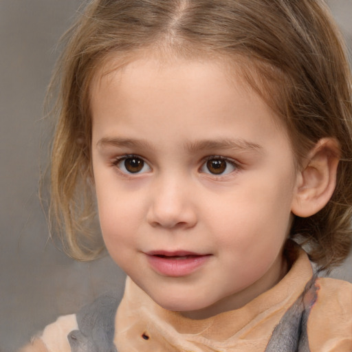 Joyful white child female with medium  brown hair and brown eyes